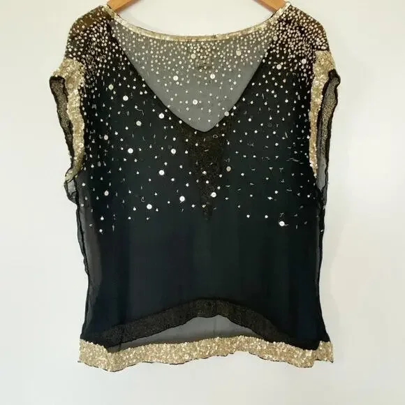 Vintage Shag Black Cream Sequin Embellished Blouse Top - Picture 3 of 16